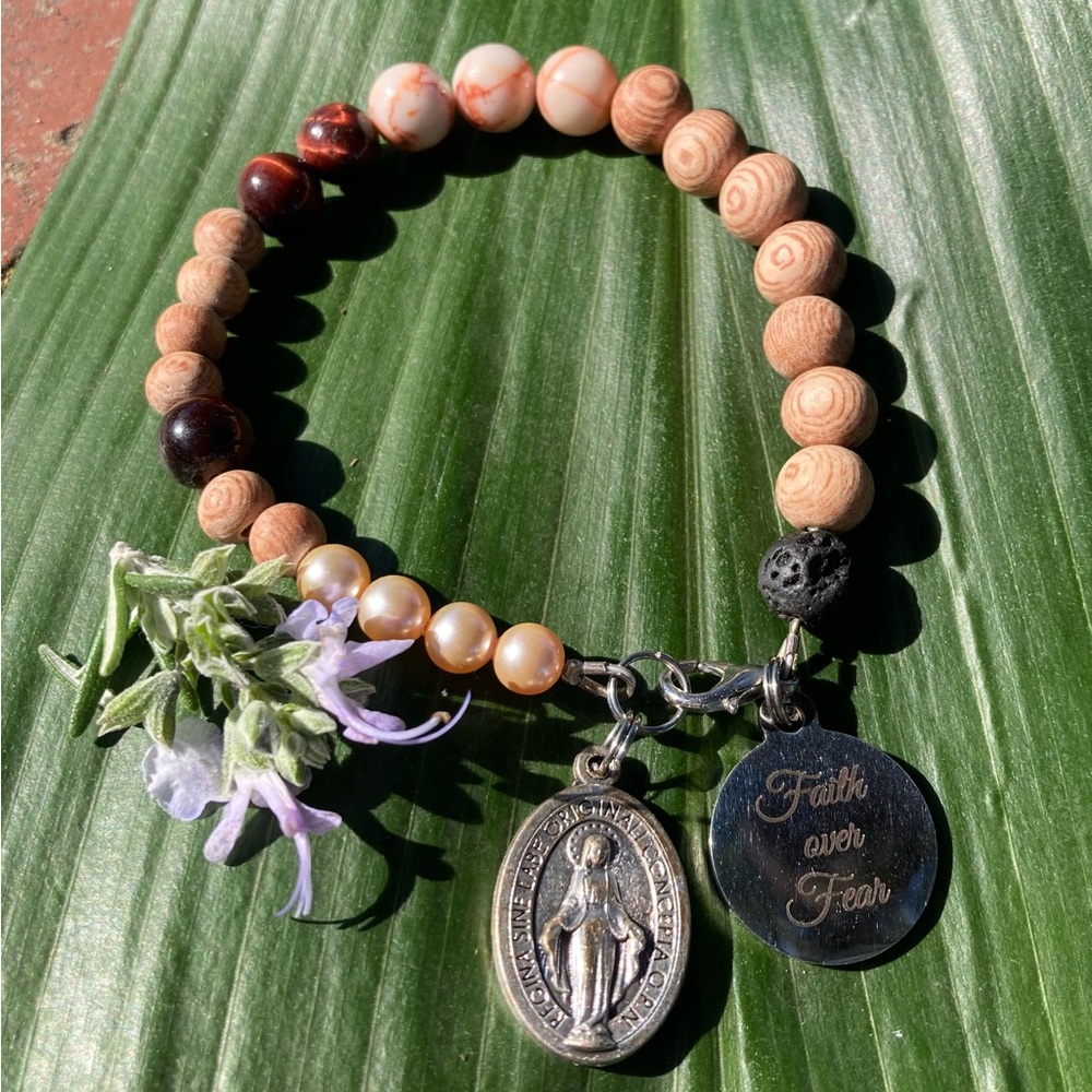Wooden Beaded Bracelet with Miraculous Medal & Faith over Fear Charms